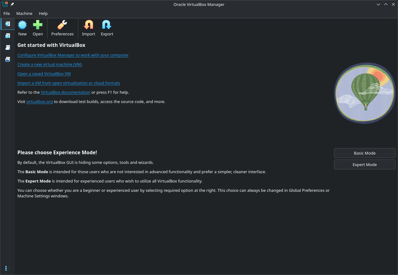 Empty VirtualBox Manager window