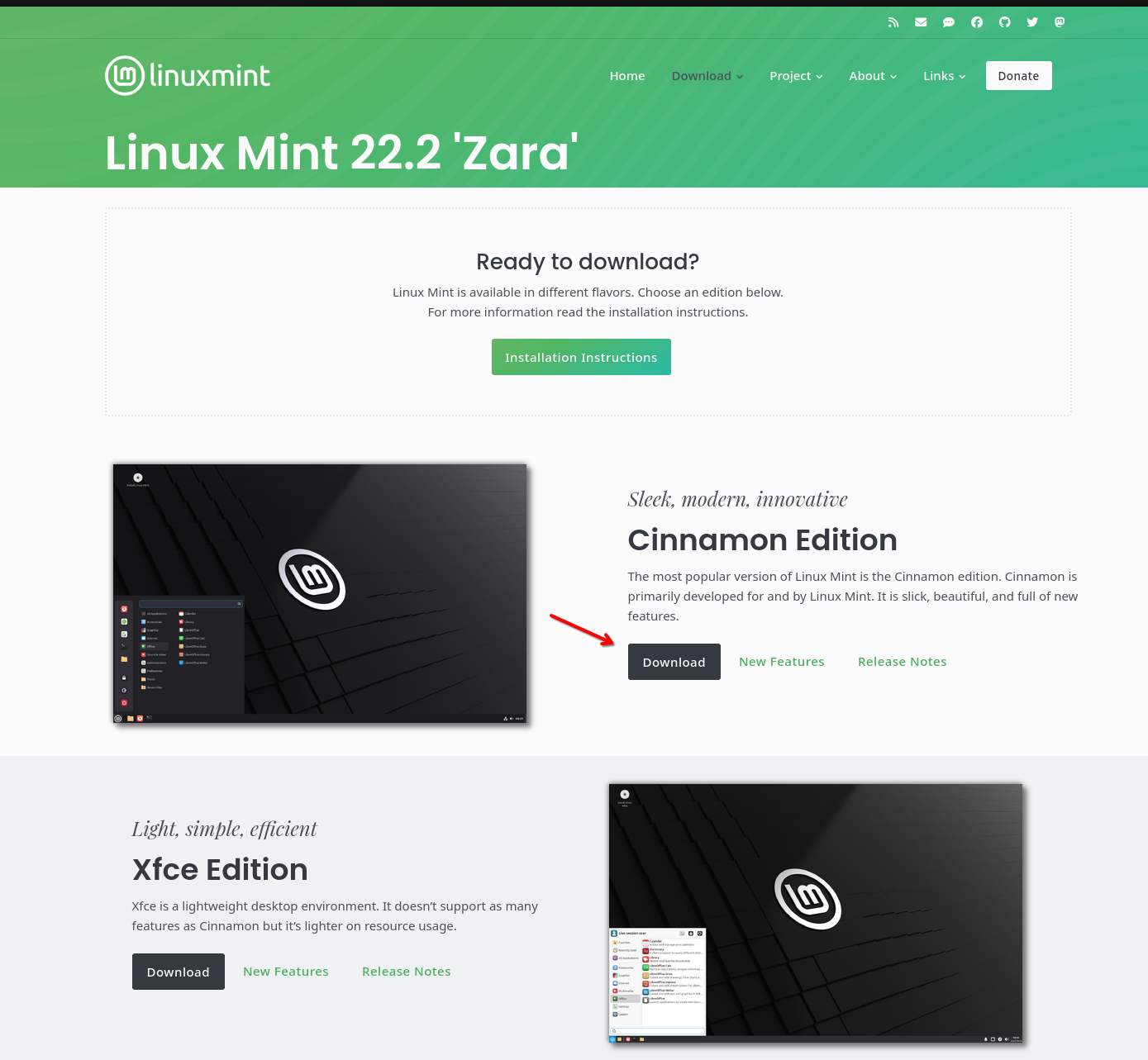 Linux Mint download page with Cinnamon edition selected