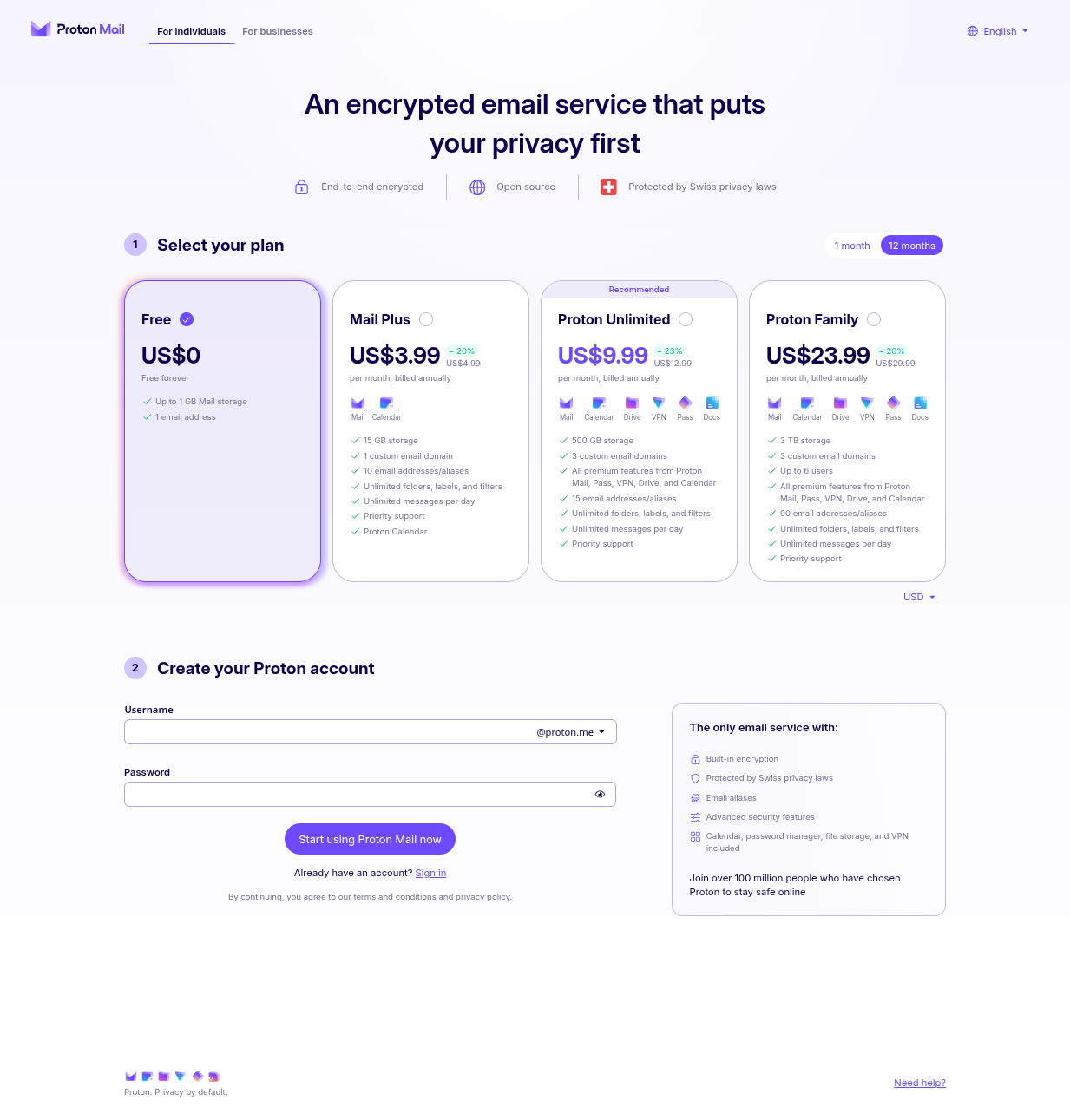 Proton Mail signup with the Free plan selected